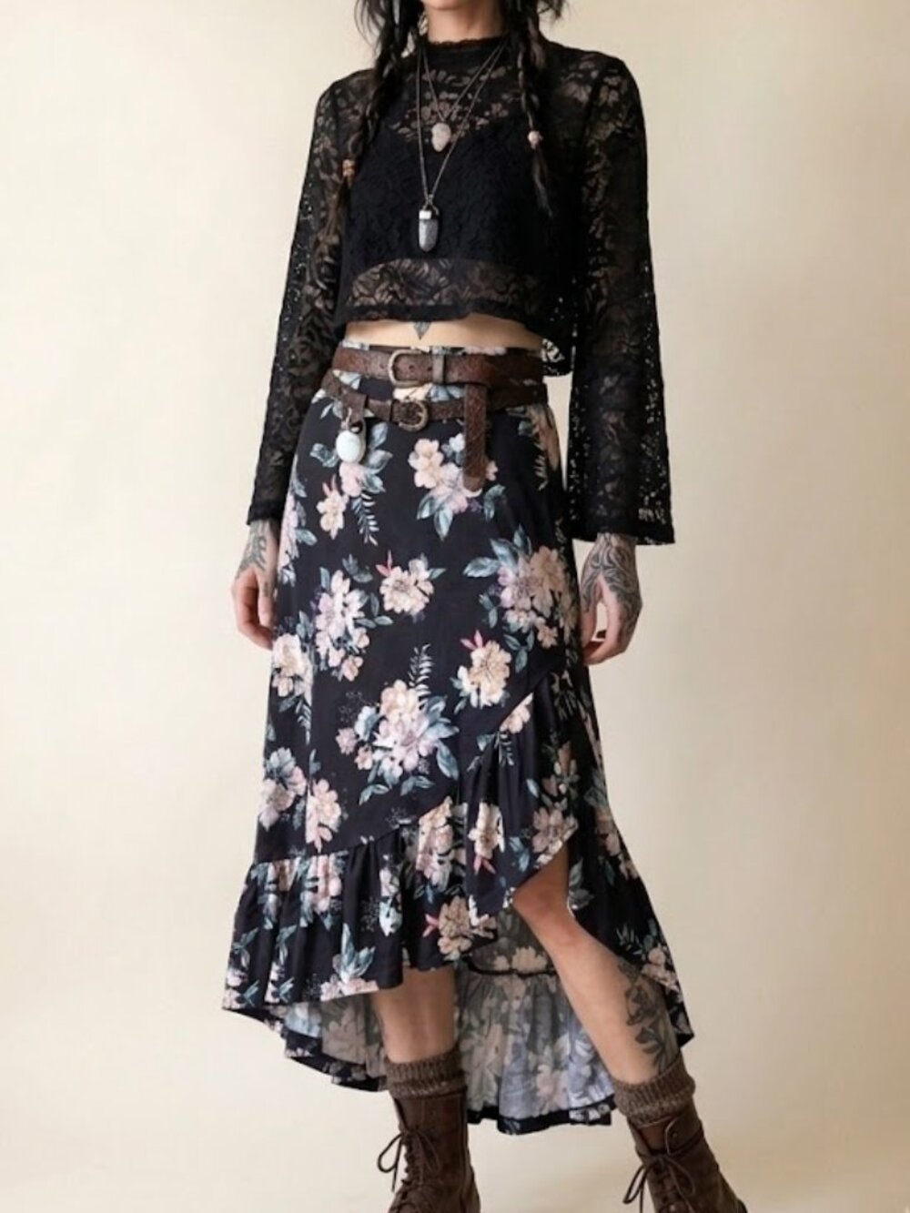 Lascana Black Floral Ruffle Maxi Skirt Asymmetrical Hi-Low Viscose Size 4 Boho